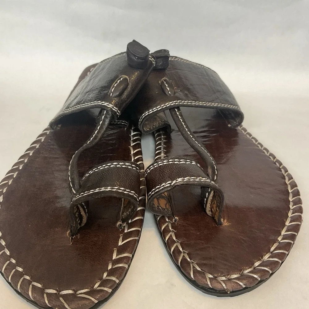Men's Brown Leather Flip Flop Sandals size 10-10,5 Handmade Vibram Artisan Style